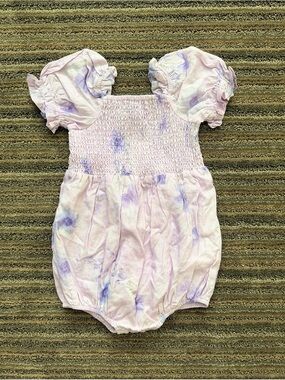 Bardot Junior Smocked Lavender Bubble Floral Romper w/ Short Puff Sleeves